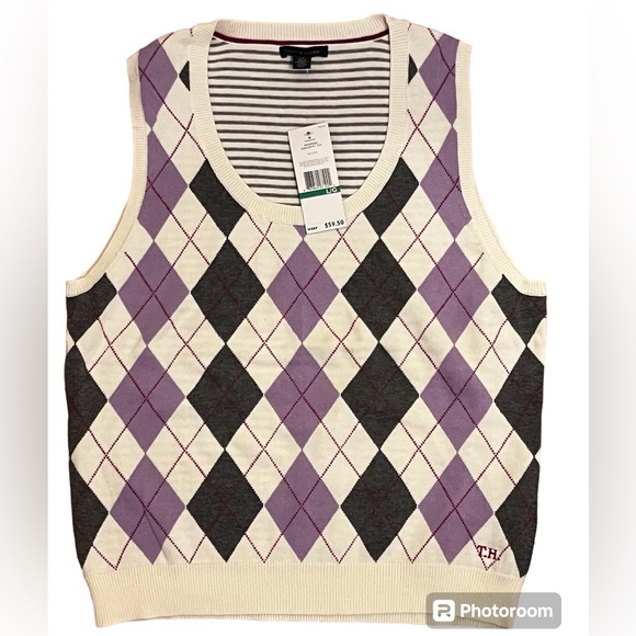 Tommy Hilfiger Sweaters - Tommy Hilfiger Women’s Sweater Vest Purple Argyle Striped Size Large New w Tags